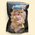 Liofilizowane kolorowe pianki Marshmallows w torebce Frizle, różowo-żółte skręcone pianki
