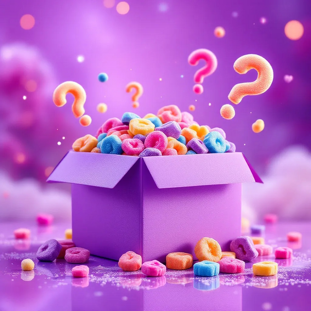 Mystery Box BIG z liofilizowanymi słodyczami, ilustracja fioletowego pudełka z cukierkami