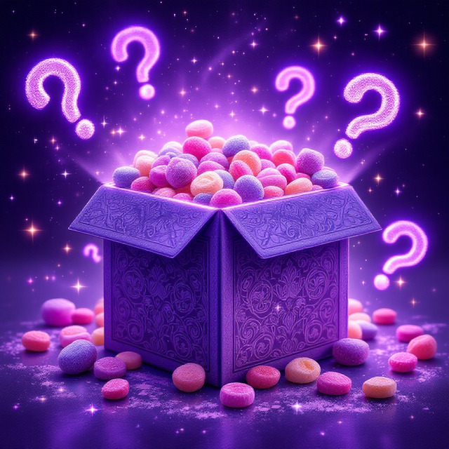 Mystery Box XXL z liofilizowanymi słodyczami, ilustracja dużego fioletowego pudełka z cukierkami